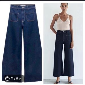 Zara Marine straight wide leg high waist patch pocket jeans in dark blue wash